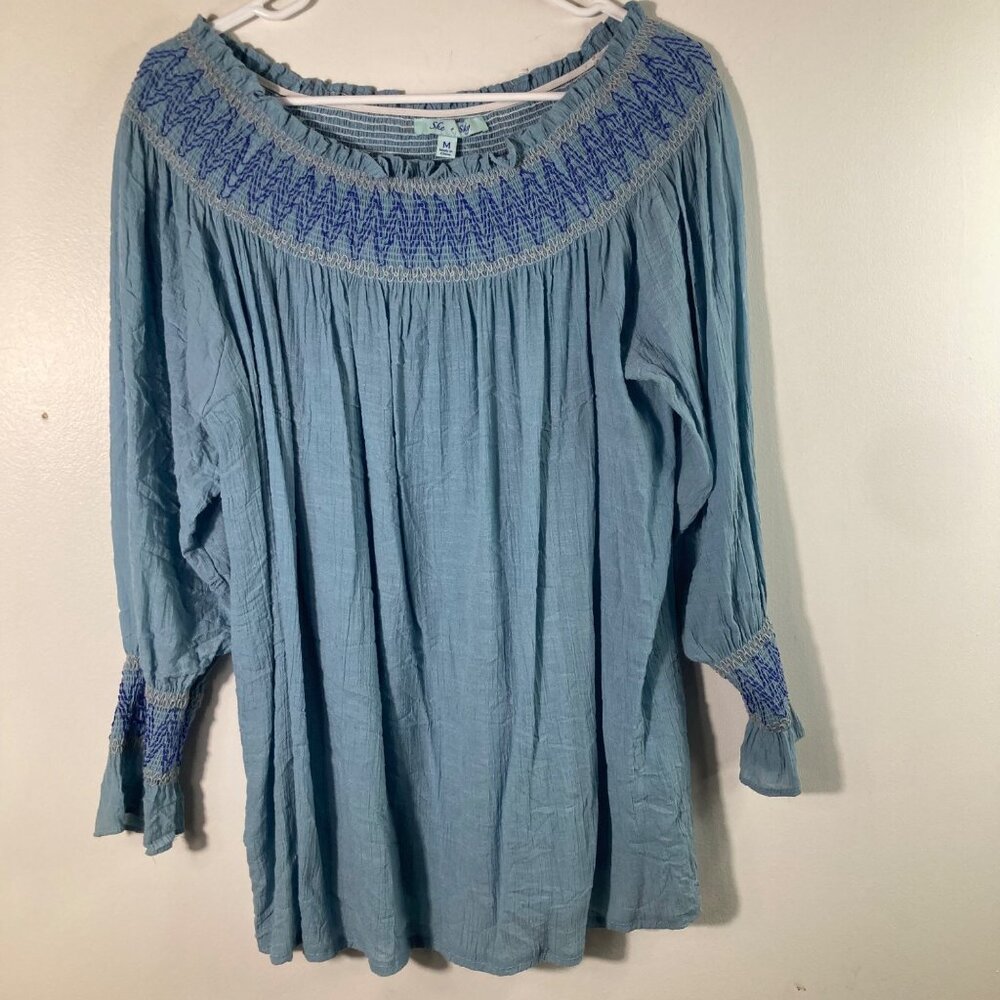 Womens She & Sky Smocked Neck Boho Tunic Ruffle Sleeve Blue M Cotton‎ Polyester